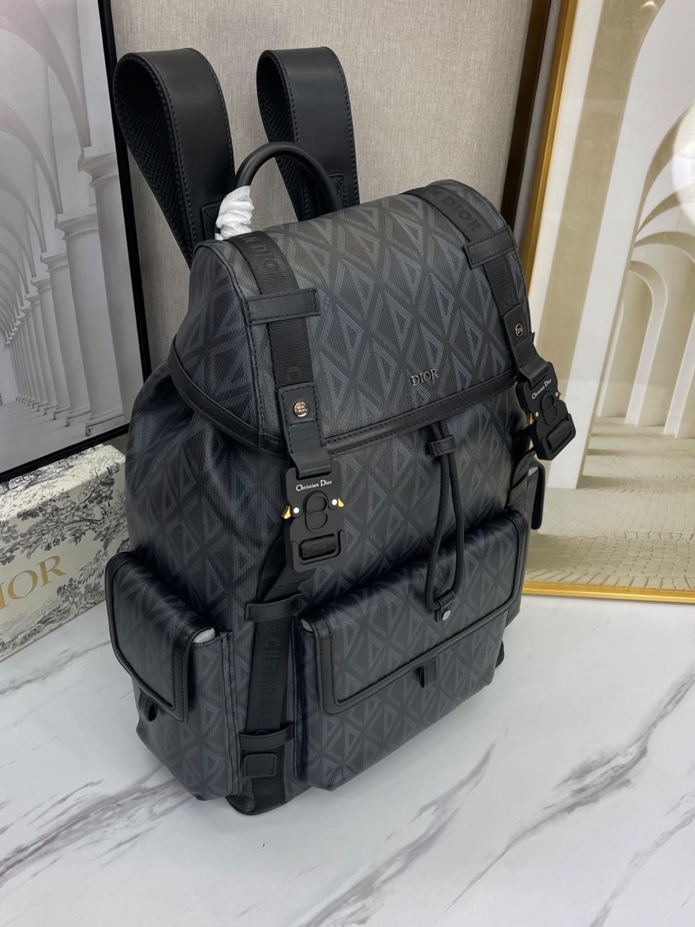 Dior Men's Black Patterned Canvas Backpack